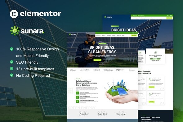 Sunara - Solar &amp; Renewable Energy Elementor Pro Template Kit