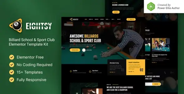 Eightsy – Billiard School &amp; Sport Club Elementor Template Kit
