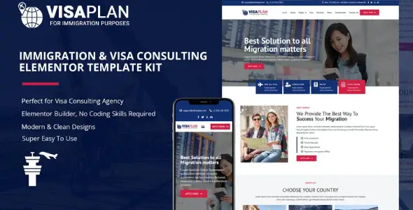 VisaPlan – Immigration &amp; Visa Consulting Elementor Template Kit.