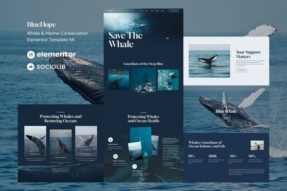 BlueHope - Whale &amp; Marine Conservation Elementor Template Kit