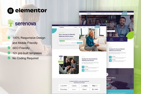 Serenova - Psychology &amp; Mental Health Elementor Pro Template Kit