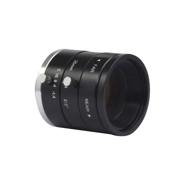 Close-up of the side view of a Leedsen 25mm FA lens.
