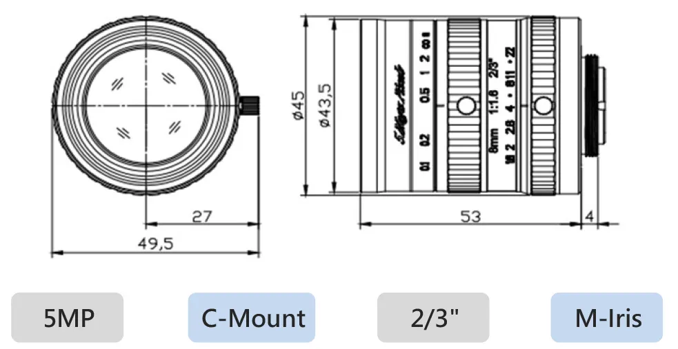 2/3'' 5MP 8mm Large Aperture High Resolution FA Lens